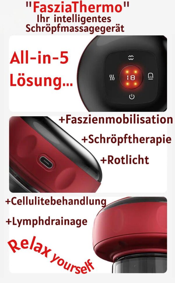 Elektrisches Massageschröpfgerät "FasziaTherma" 5-in-One Konzept für ein ganzheitliche, effektive Faszien-, Cellulite-, Lymphdrainage & Rotlichttherapie – Bild 6